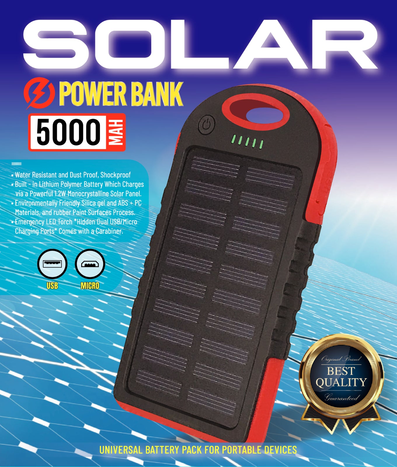 Super 5000Mah USB Portable Charger Solar Power Bank for Iphone Samsung Universal