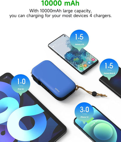 Power Bank 10000 Mah with AC Plug, Built-In USB-C and Lightning Mfi Certified Cables, 20W Fast Charging Portable Charger, Compatible with Iphone 15 14 13 12 11 Samsung S24 S23 S22, Tablet(Blue)