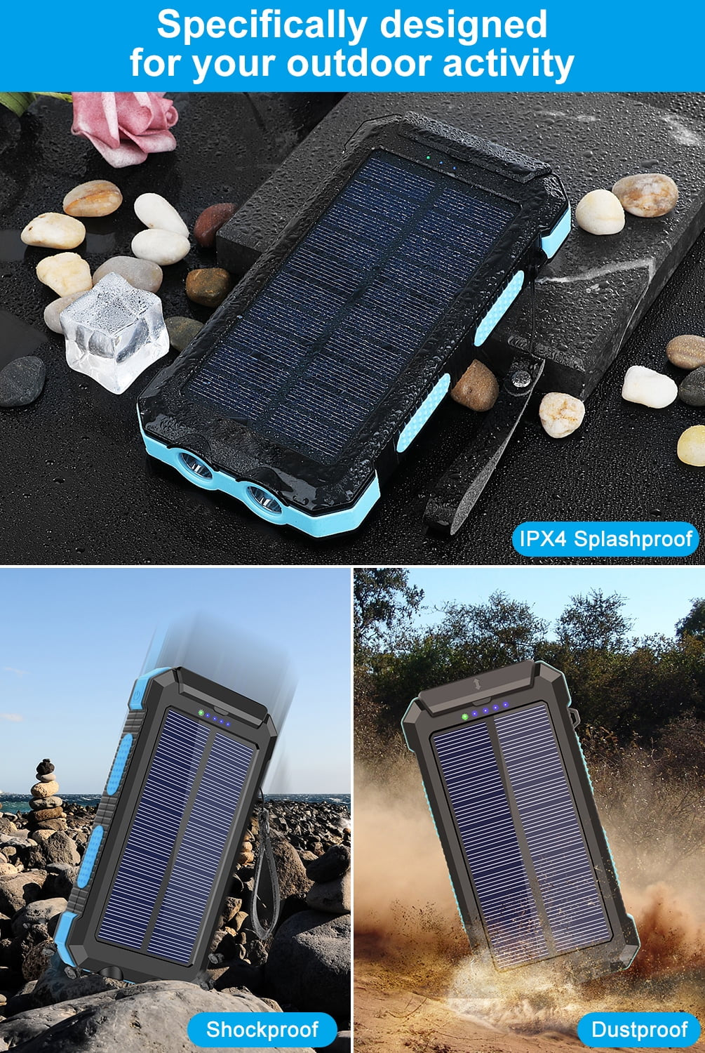 30000Mah Solar Charger for Cell Phone Iphone, Portable Solar Power Bank with Dual 5V USB Ports, 2 Led Light Flashlight, Compass Battery Pack for Outdoor Camping Hiking(Blue)