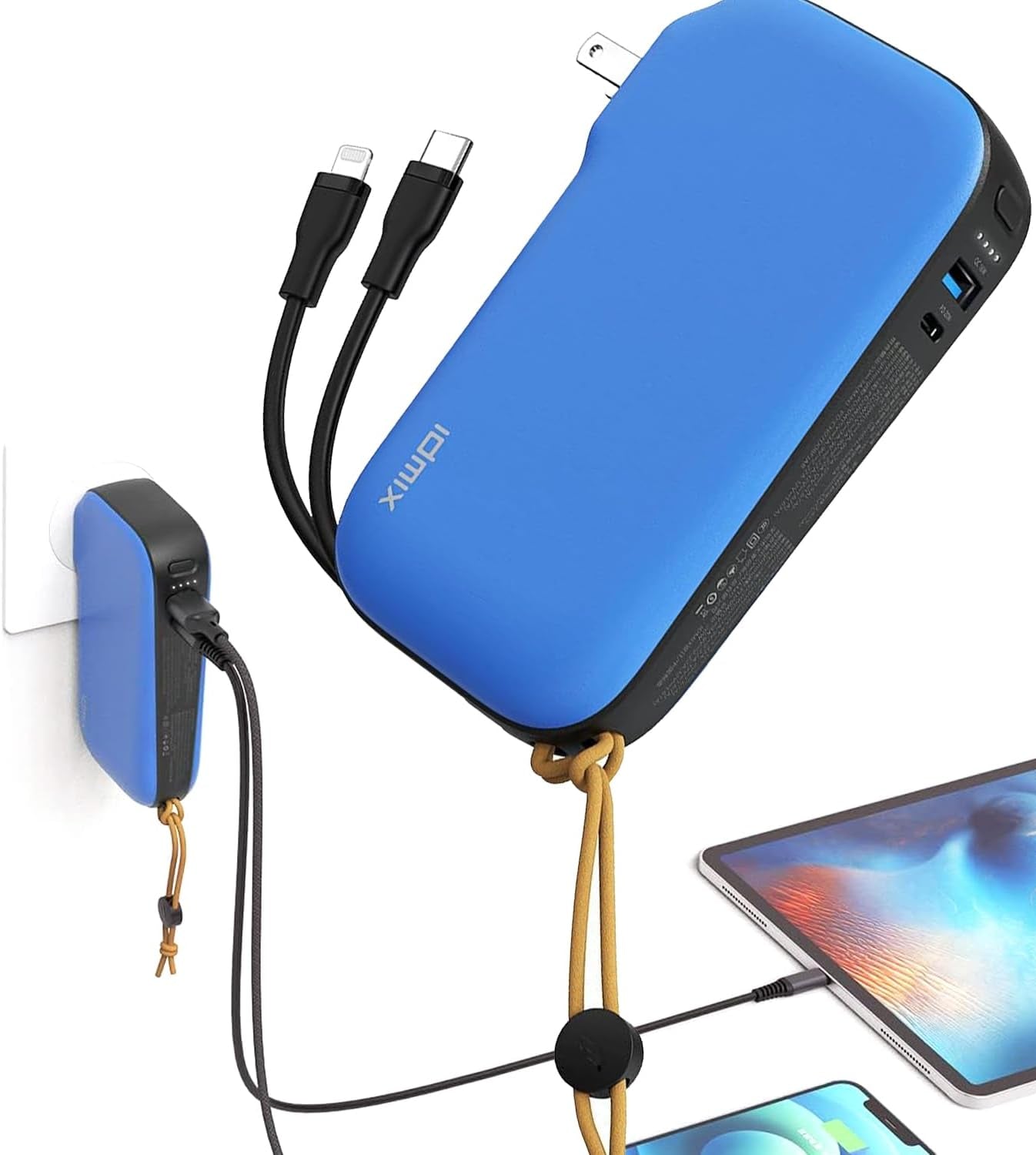 Power Bank 10000 Mah with AC Plug, Built-In USB-C and Lightning Mfi Certified Cables, 20W Fast Charging Portable Charger, Compatible with Iphone 15 14 13 12 11 Samsung S24 S23 S22, Tablet(Blue)