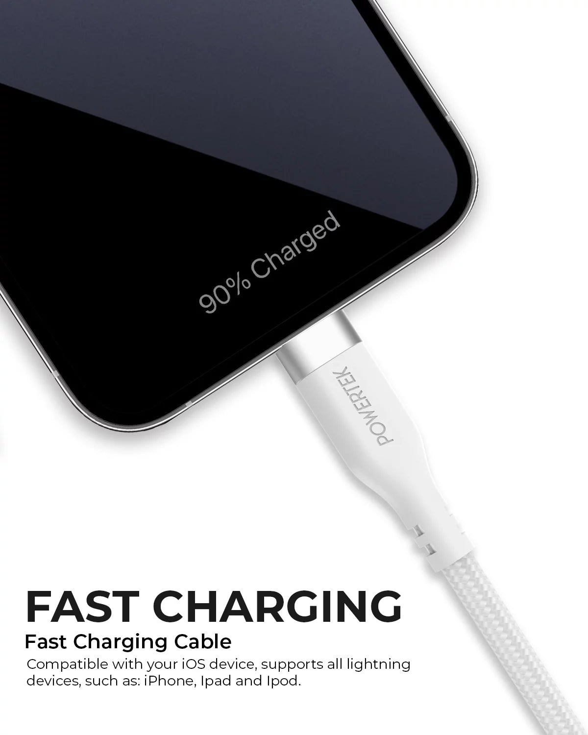 Powertek Ipad & Iphone Lightning Charger Cable, Fast Charging 6Ft MFI, Premium White