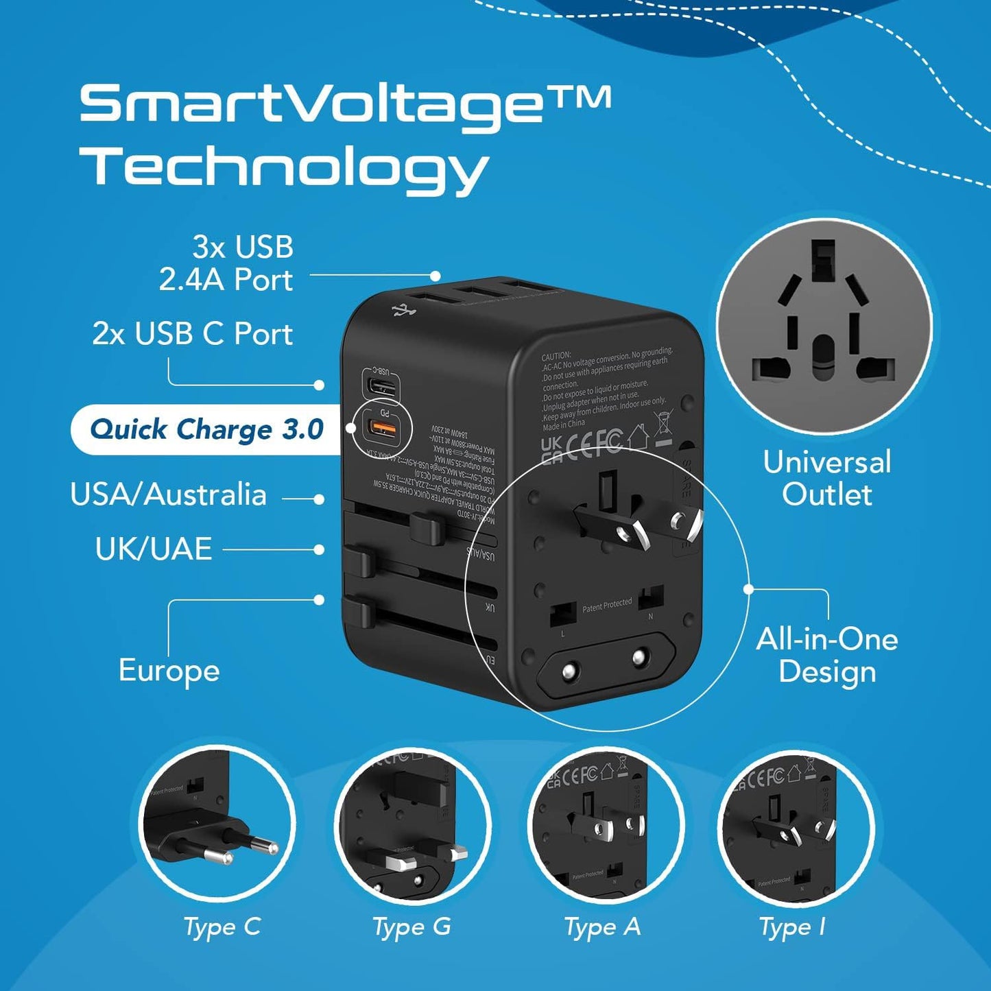 World International Travel Plug Adapter - Powerful 33.5W with Pd & QC 3.0 Dual USB-C Power - 3 USB Ports Wall Charger Type I C G a Outlets 110V 220V A/C - EU Euro US UK (11-KU)