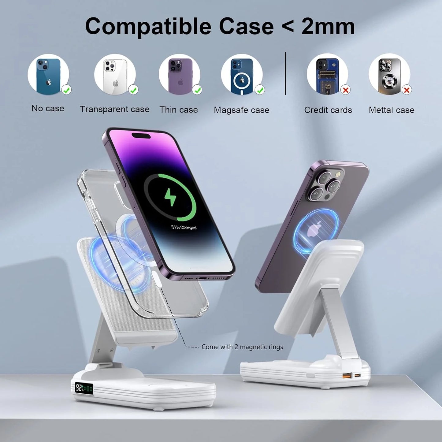 5 in 1 Wireless Charging Station with 10000Mah Power Bank Digital Display Automatic Magnetic 20W Fast Charger Station Stand Compatible with Iphone 15/14/13/12 All Series & Airpods & Iwatch