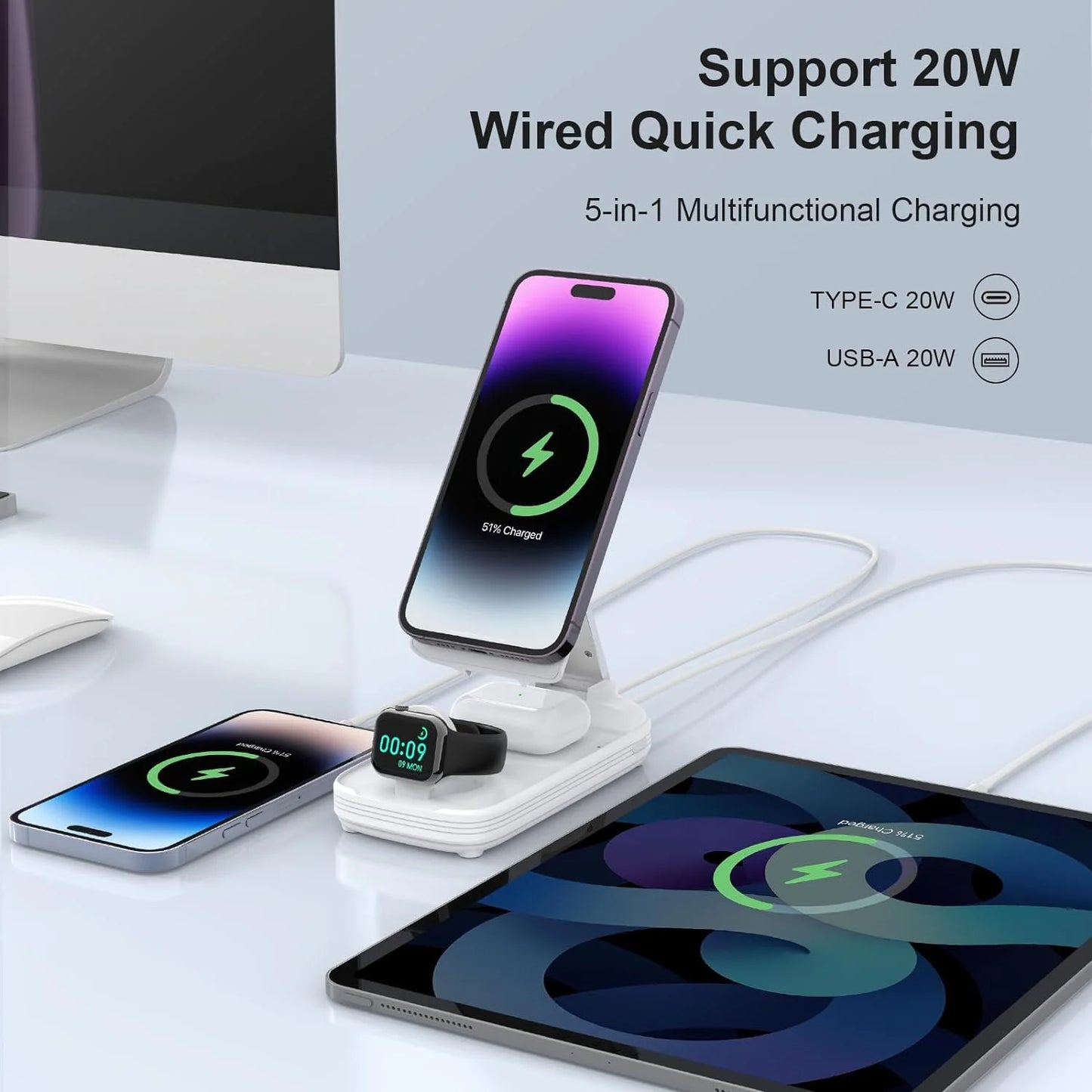 5 in 1 Wireless Charging Station with 10000Mah Power Bank Digital Display Automatic Magnetic 20W Fast Charger Station Stand Compatible with Iphone 15/14/13/12 All Series & Airpods & Iwatch