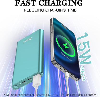 Portable Charger 12,000Mah 5V/3A Fast Charging Power Bank, Dural Input & Output Ports (USB-C in & Out) Portable Phone Charger for Iphone 15/14/13/12 Series Samsung Galxy Android Ipad Etc - Mint