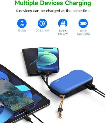 Power Bank 10000 Mah with AC Plug, Built-In USB-C and Lightning Mfi Certified Cables, 20W Fast Charging Portable Charger, Compatible with Iphone 15 14 13 12 11 Samsung S24 S23 S22, Tablet(Blue)