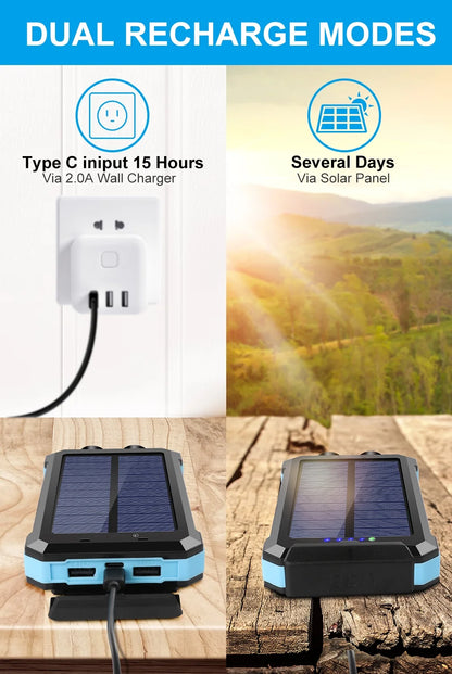 30000Mah Solar Charger for Cell Phone Iphone, Portable Solar Power Bank with Dual 5V USB Ports, 2 Led Light Flashlight, Compass Battery Pack for Outdoor Camping Hiking(Blue)