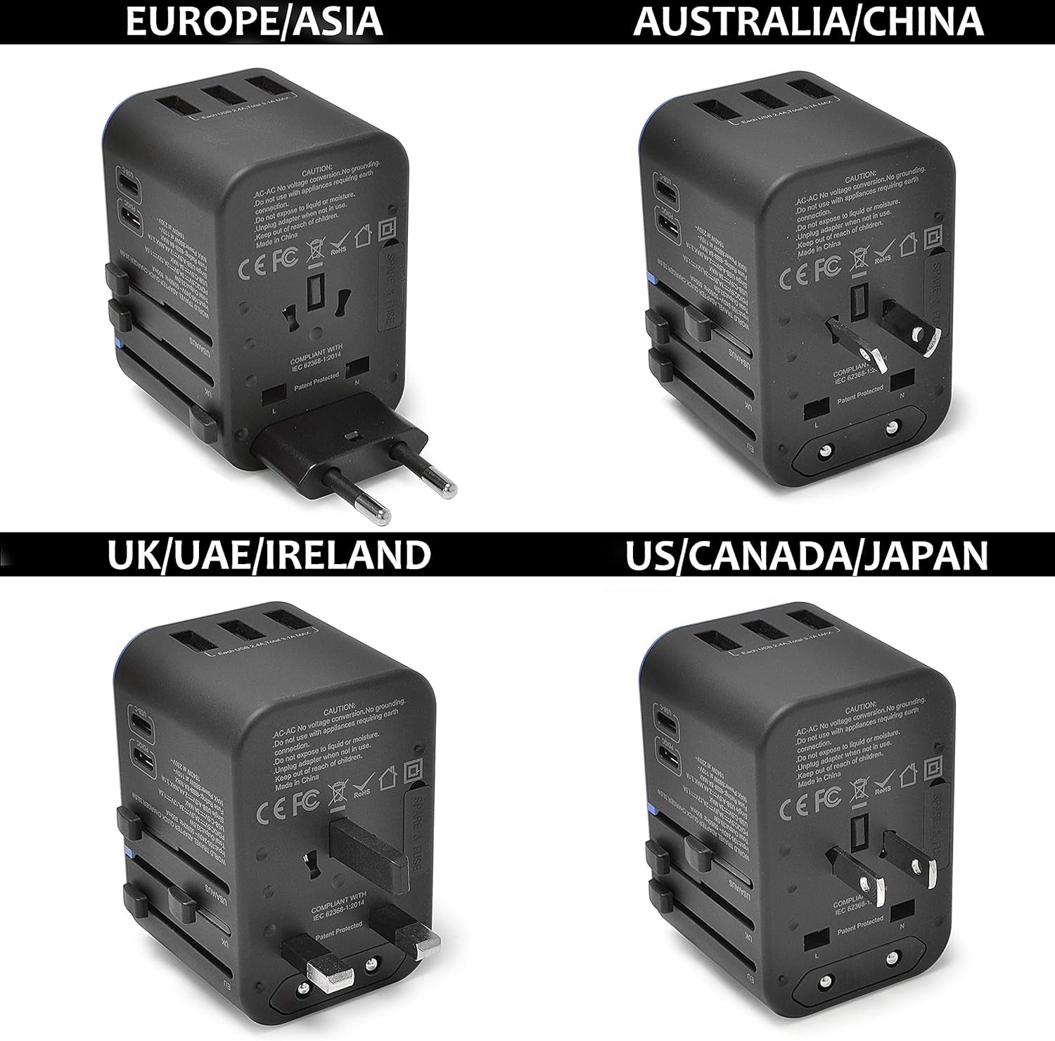 World International Travel Plug Adapter - Powerful 33.5W with Pd & QC 3.0 Dual USB-C Power - 3 USB Ports Wall Charger Type I C G a Outlets 110V 220V A/C - EU Euro US UK (11-KU)