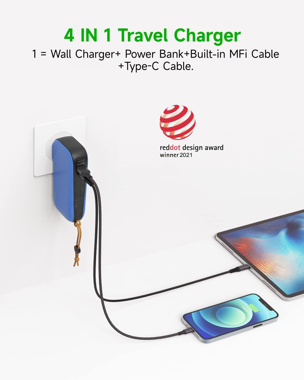 Power Bank 10000 Mah with AC Plug, Built-In USB-C and Lightning Mfi Certified Cables, 20W Fast Charging Portable Charger, Compatible with Iphone 15 14 13 12 11 Samsung S24 S23 S22, Tablet(Blue)