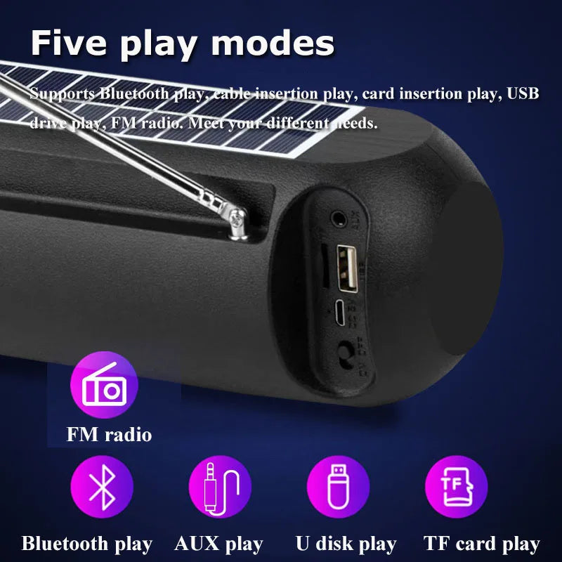 Portable FM Radio Solar Charging Radios Receiver Wireless Bluetooth Speaker MP3 Music Player with Microphone Support TF Card USB