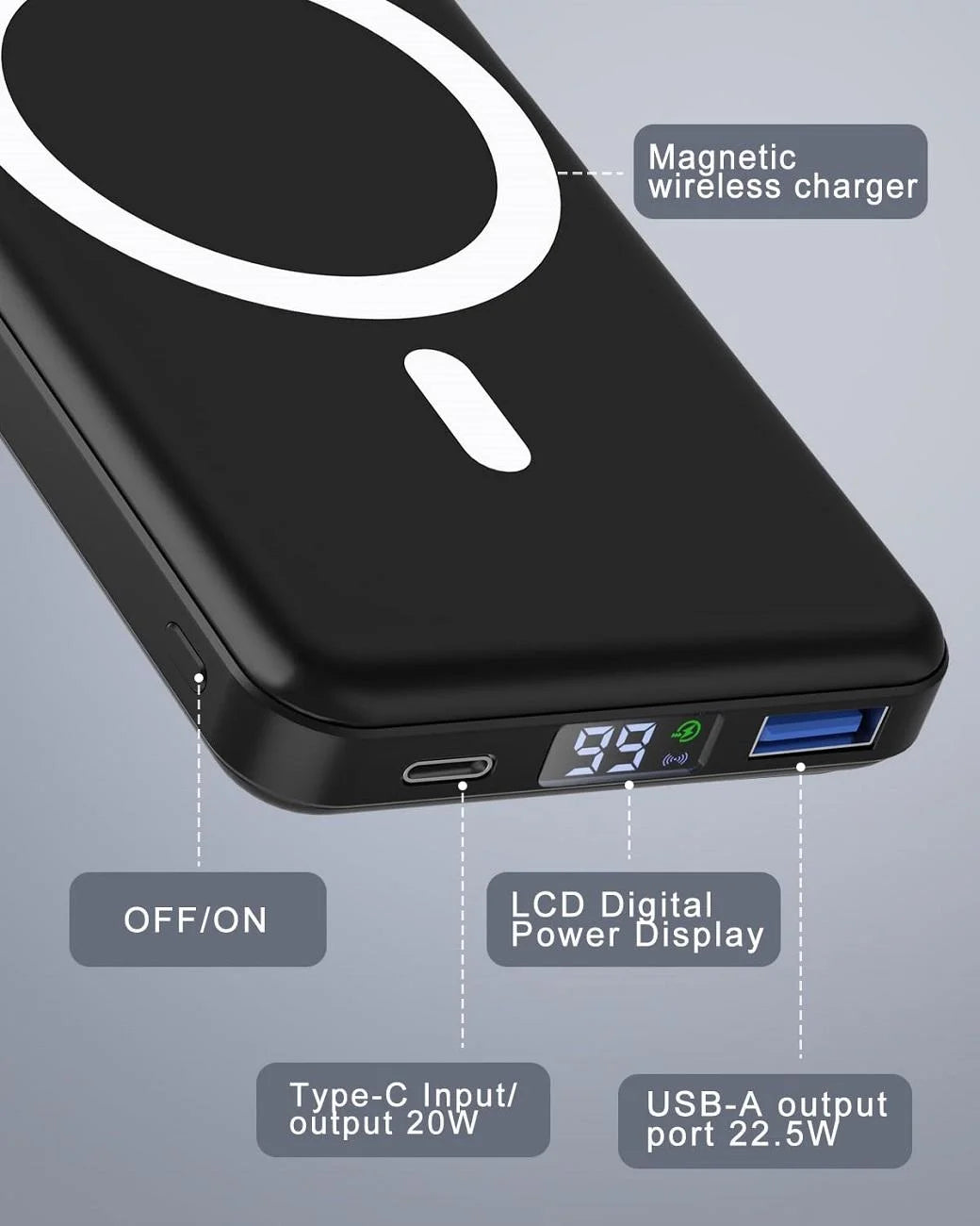 Wireless Portable Charger, 10000Mah Magnetic Power Bank LED Display 22.5W PD Fast Charging Battery Pack for Iphone 15/14/13/12/Mini/Pro/Pro Max-Black