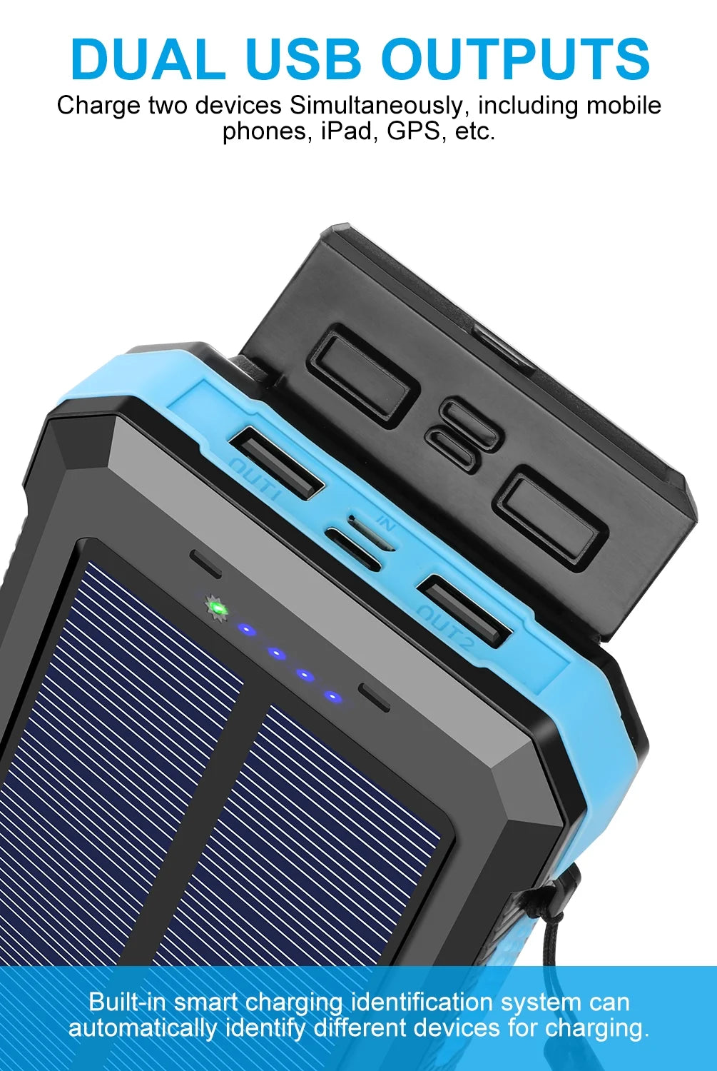 30000Mah Solar Charger for Cell Phone Iphone, Portable Solar Power Bank with Dual 5V USB Ports, 2 Led Light Flashlight, Compass Battery Pack for Outdoor Camping Hiking(Blue)