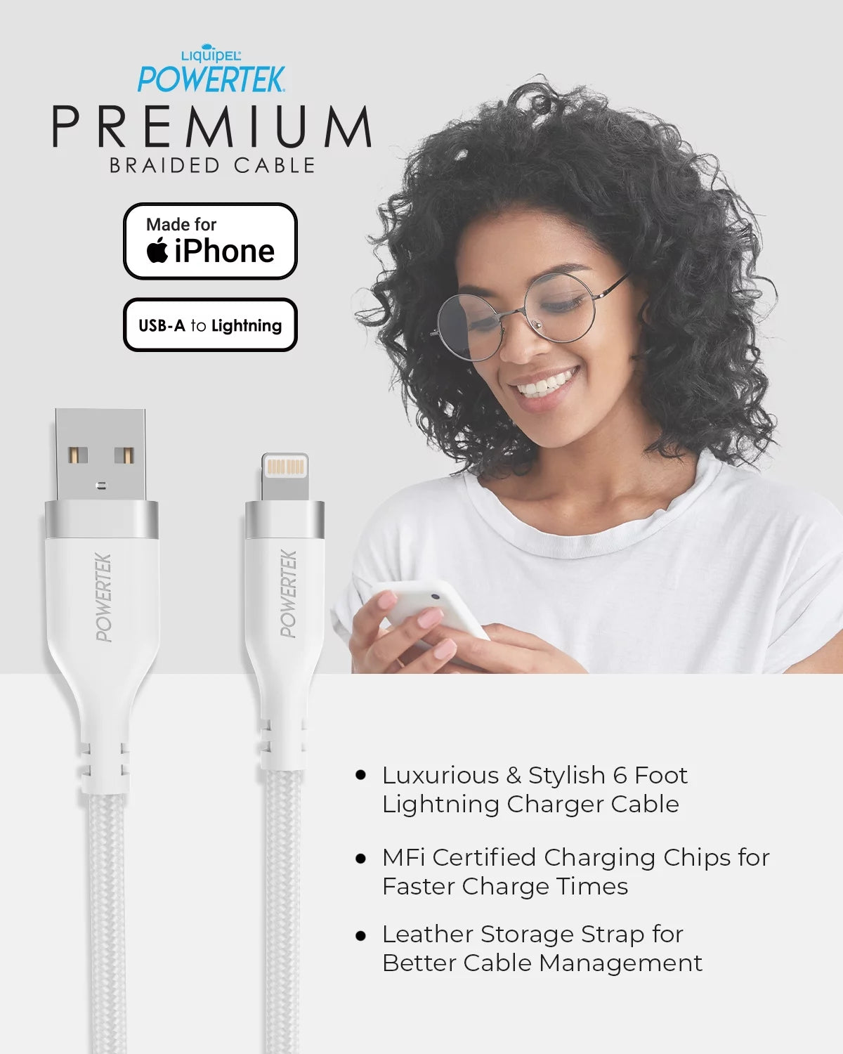 Powertek Ipad & Iphone Lightning Charger Cable, Fast Charging 6Ft MFI, Premium White