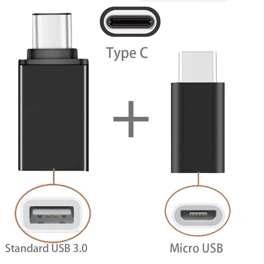 [2 in 1 Pack] Type C OTG, (Tm) 1 Type C to USB Adapter + 1 Type C to Micro USB Adapter, Converts/Connects USB Type-C Input/Output to 3.0 Usb/Micro USB, for Power/Data/File Transfer (Black)