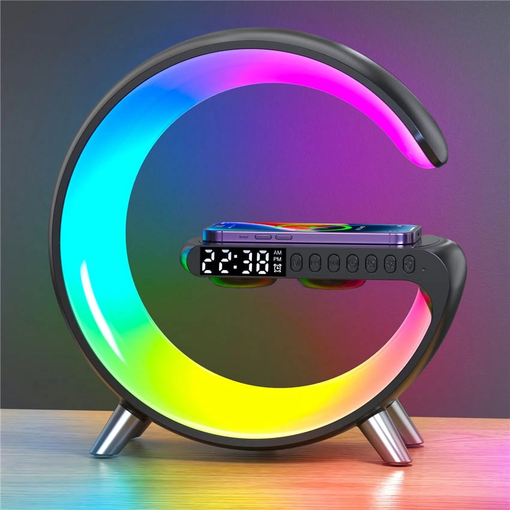 Wireless Charger Stand Alarm Clock Speaker RGB Fast Charging Station for Iphone Samsung - Black